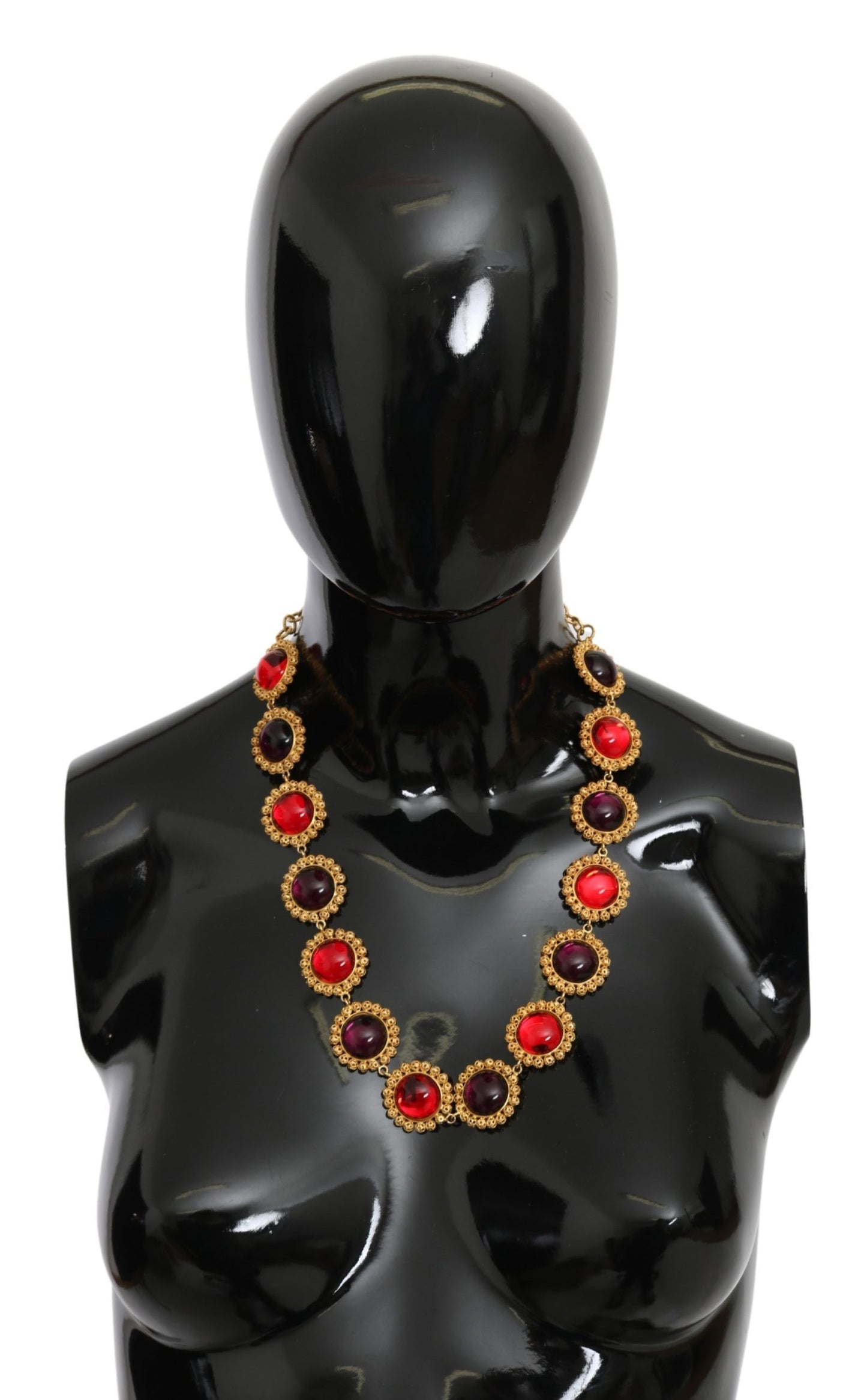 Dolce &amp; Gabbana Red Purple Crystal Floral Chain Statement Gold Brass Necklace