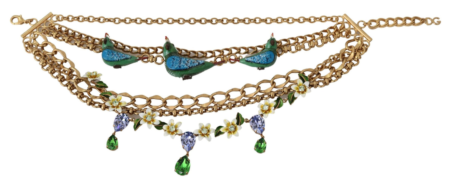 Dolce &amp; Gabbana Gold Parrot Crystal Floral Charm Statement Necklace