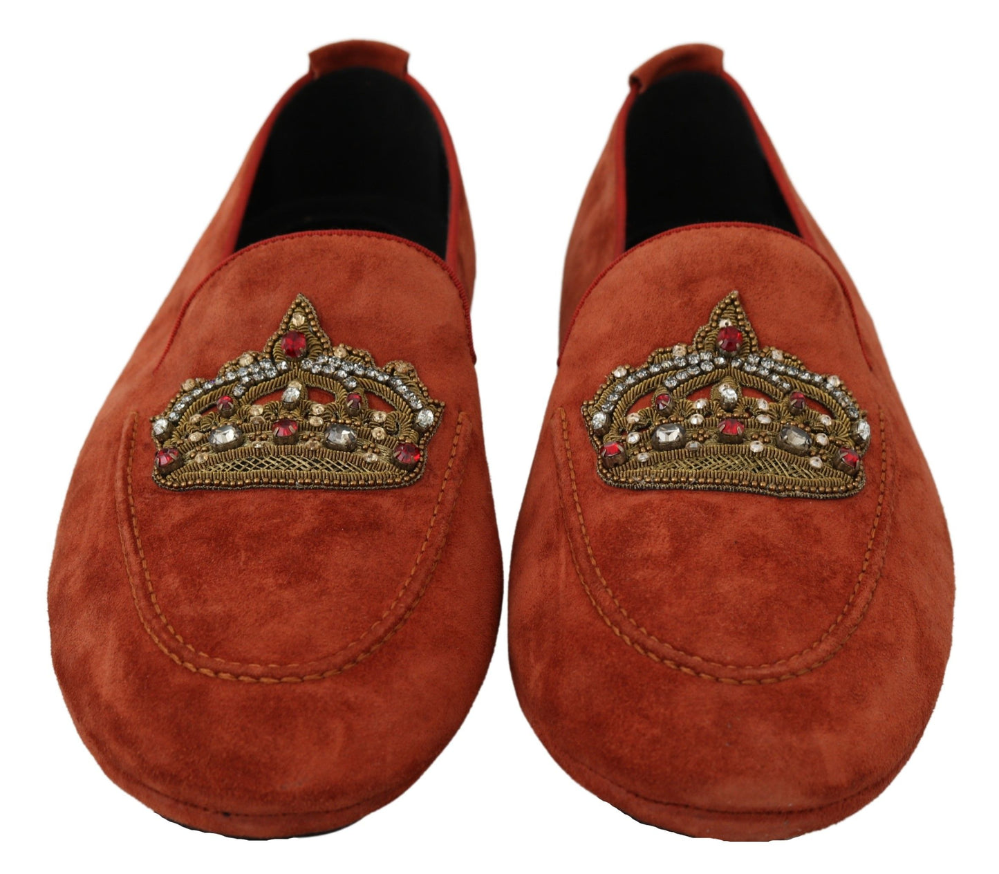 Dolce &amp; Gabbana Orange Leather Moccasins Crystal Crown Slippers Shoes