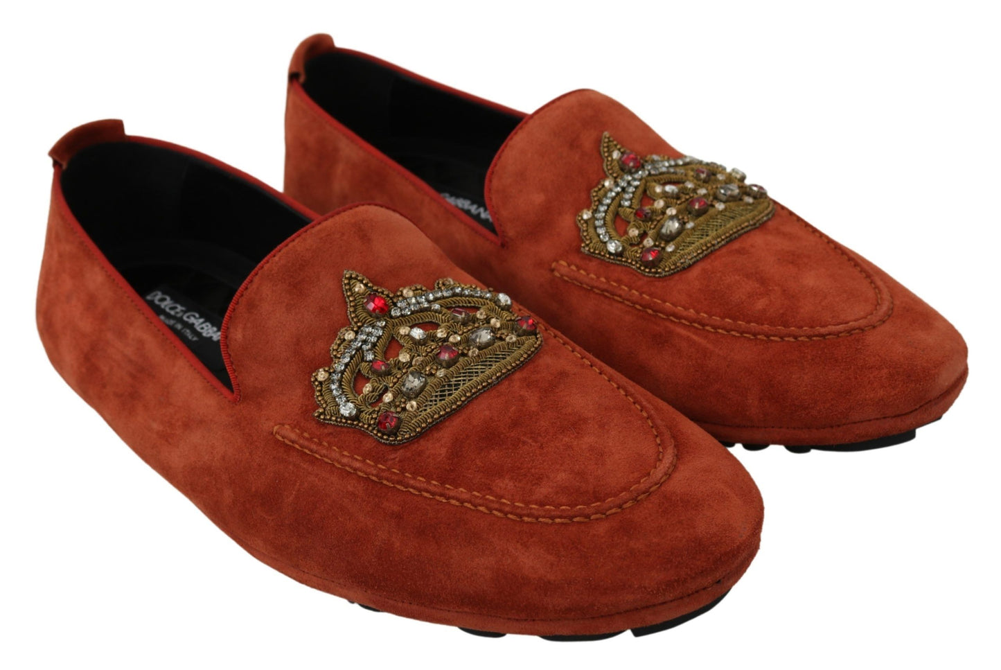 Dolce &amp; Gabbana Orange Leather Moccasins Crystal Crown Slippers Shoes