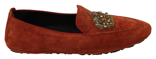 Dolce &amp; Gabbana Orange Leather Moccasins Crystal Crown Slippers Shoes