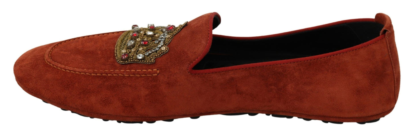 Dolce &amp; Gabbana Orange Leder Mokassins Crystal Crown Hausschuhe Schuhe