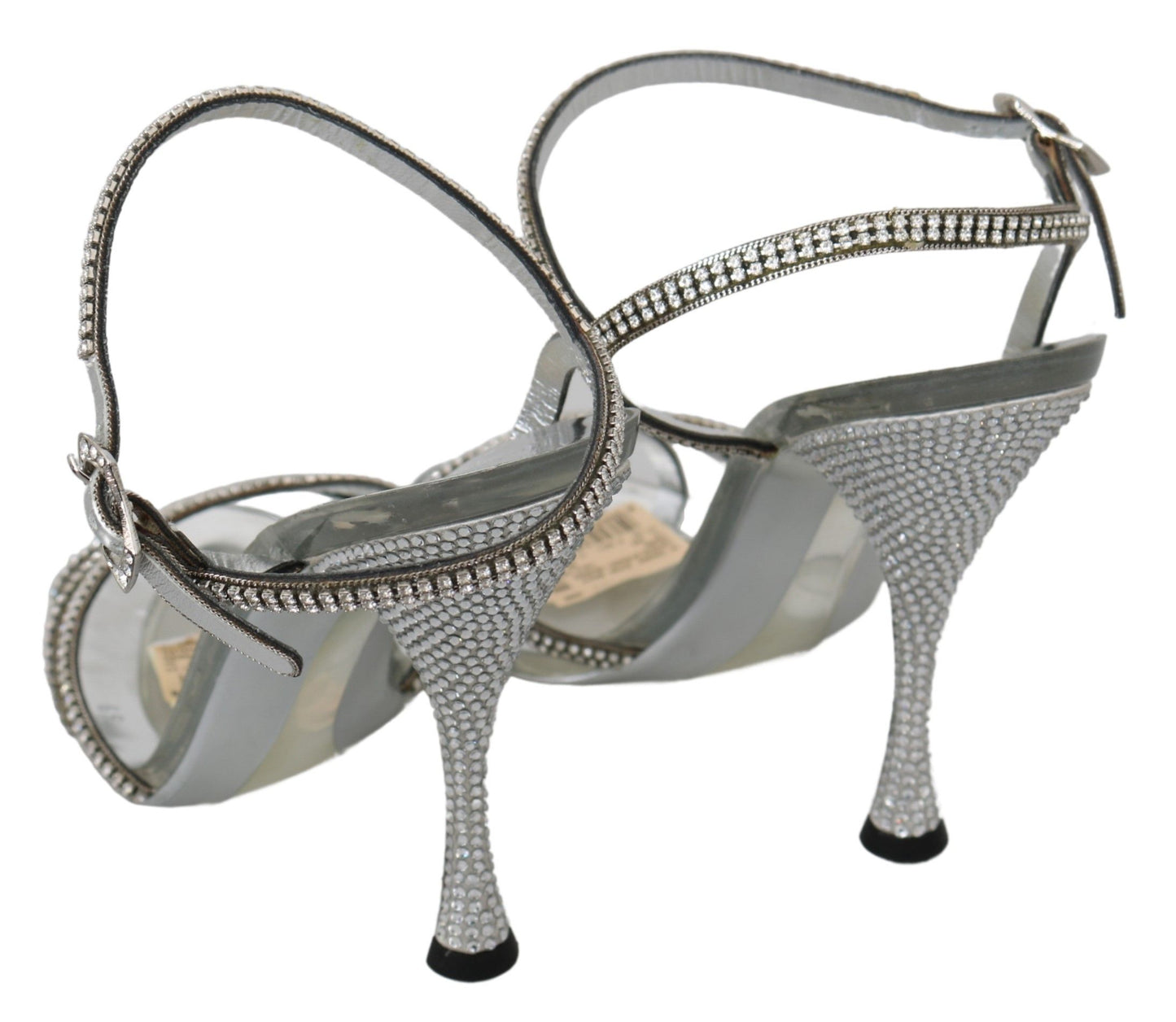 Dolce & Gabbana Silver Leather Ankle Strap Sandals with Crystals