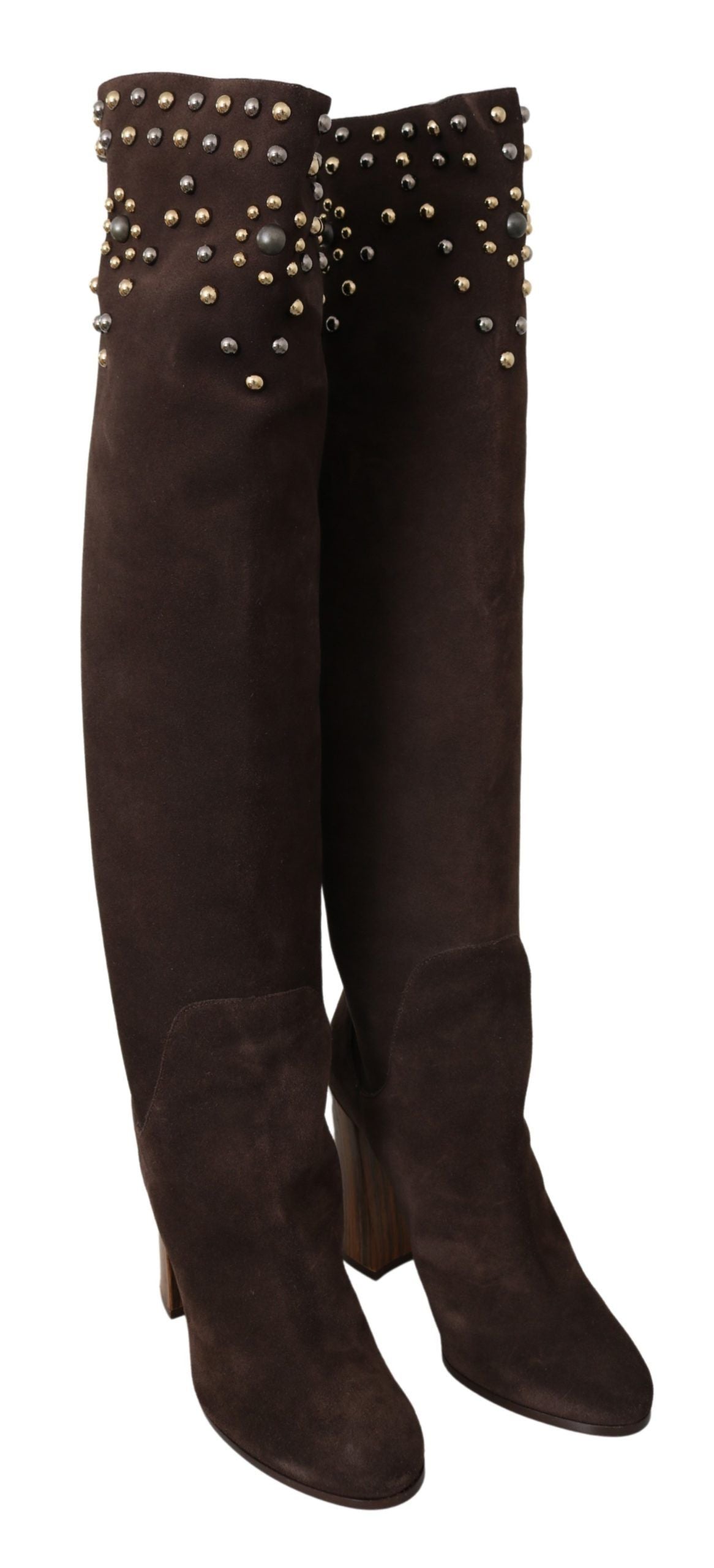 Dolce &amp; Gabbana Brown Suede Studded Knee High Shoes Boots