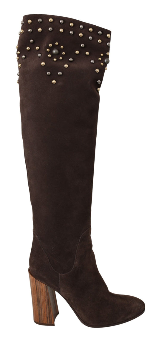 Dolce &amp; Gabbana Brown Suede Studded Knee High Shoes Boots