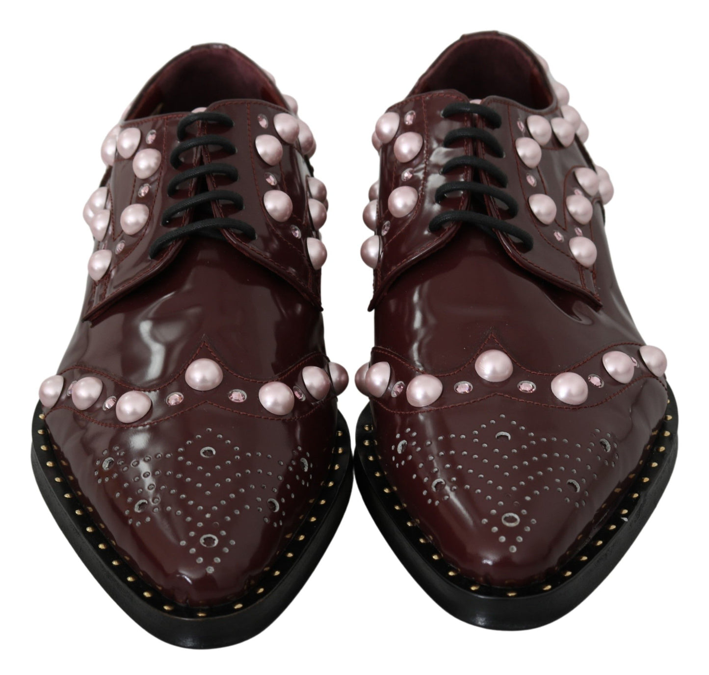 Dolce &amp; Gabbana Bordeaux Leather Crystal Pearls Formal Shoes