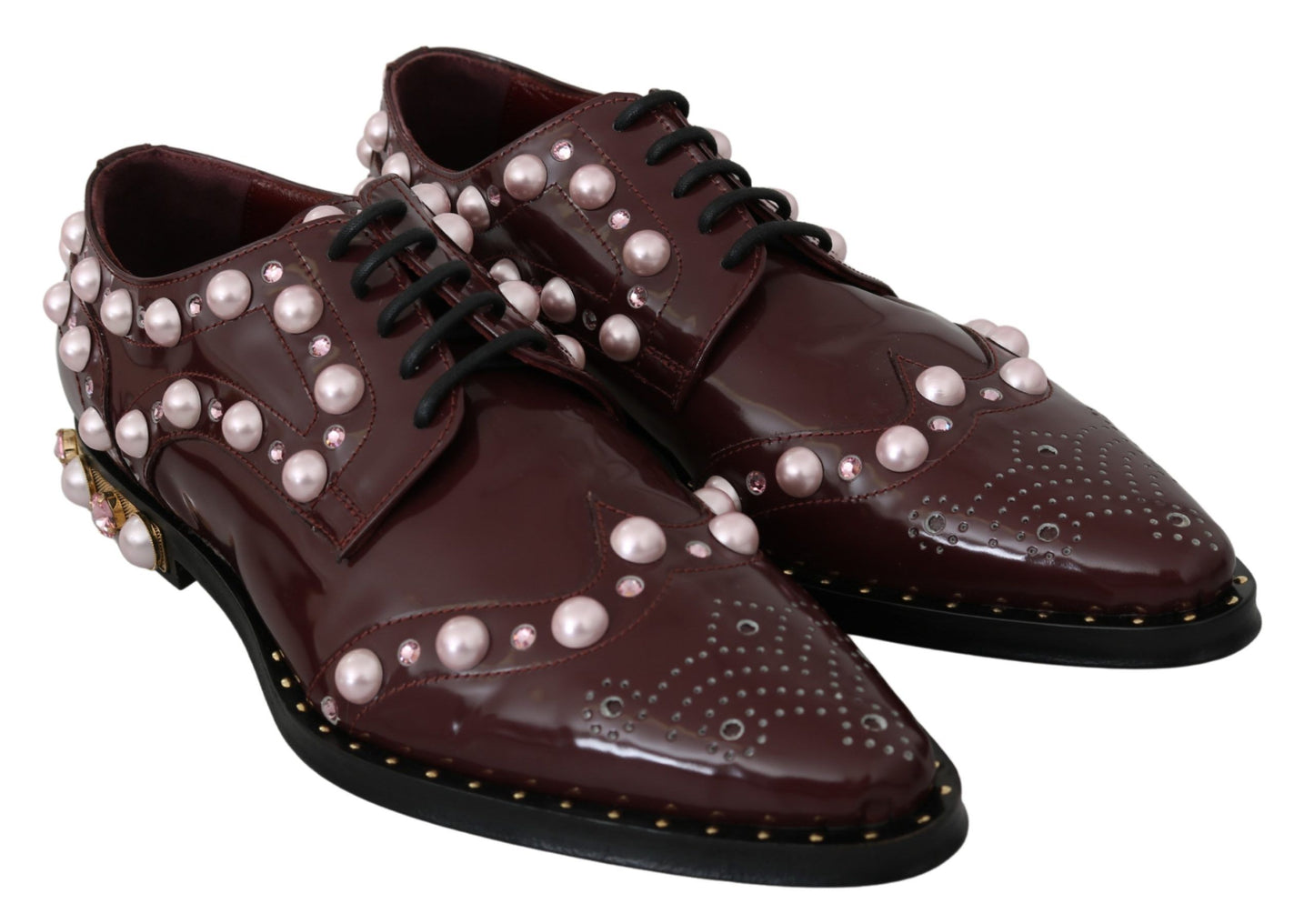 Dolce &amp; Gabbana Bordeaux Leather Crystal Pearls Formal Shoes