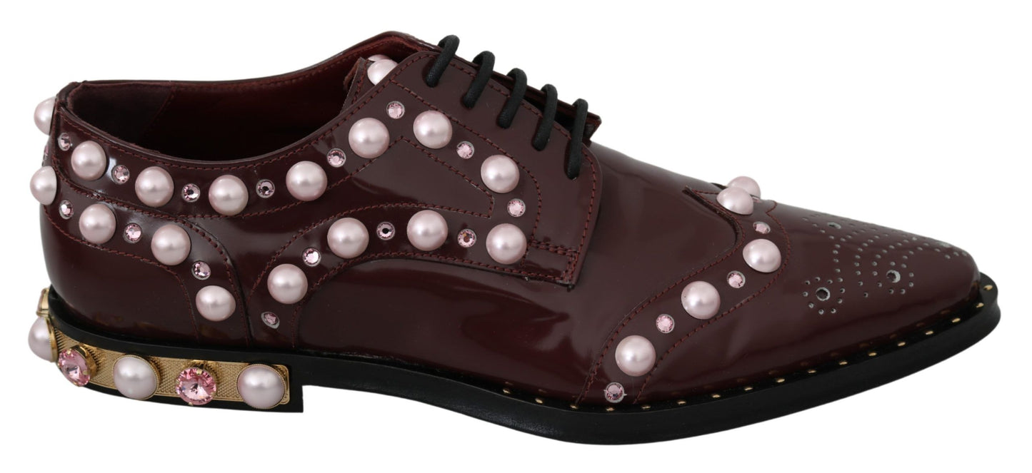 Dolce &amp; Gabbana Bordeaux Leather Crystal Pearls Formal Shoes