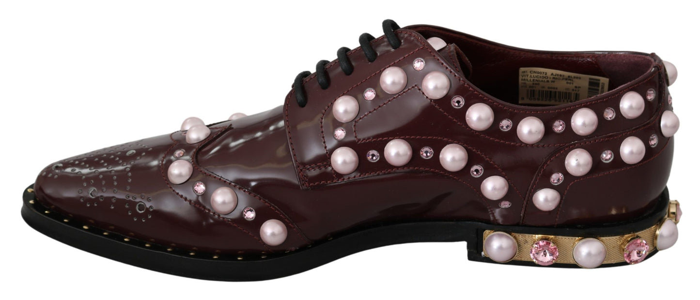 Dolce &amp; Gabbana Bordeaux Leather Crystal Pearls Formal Shoes