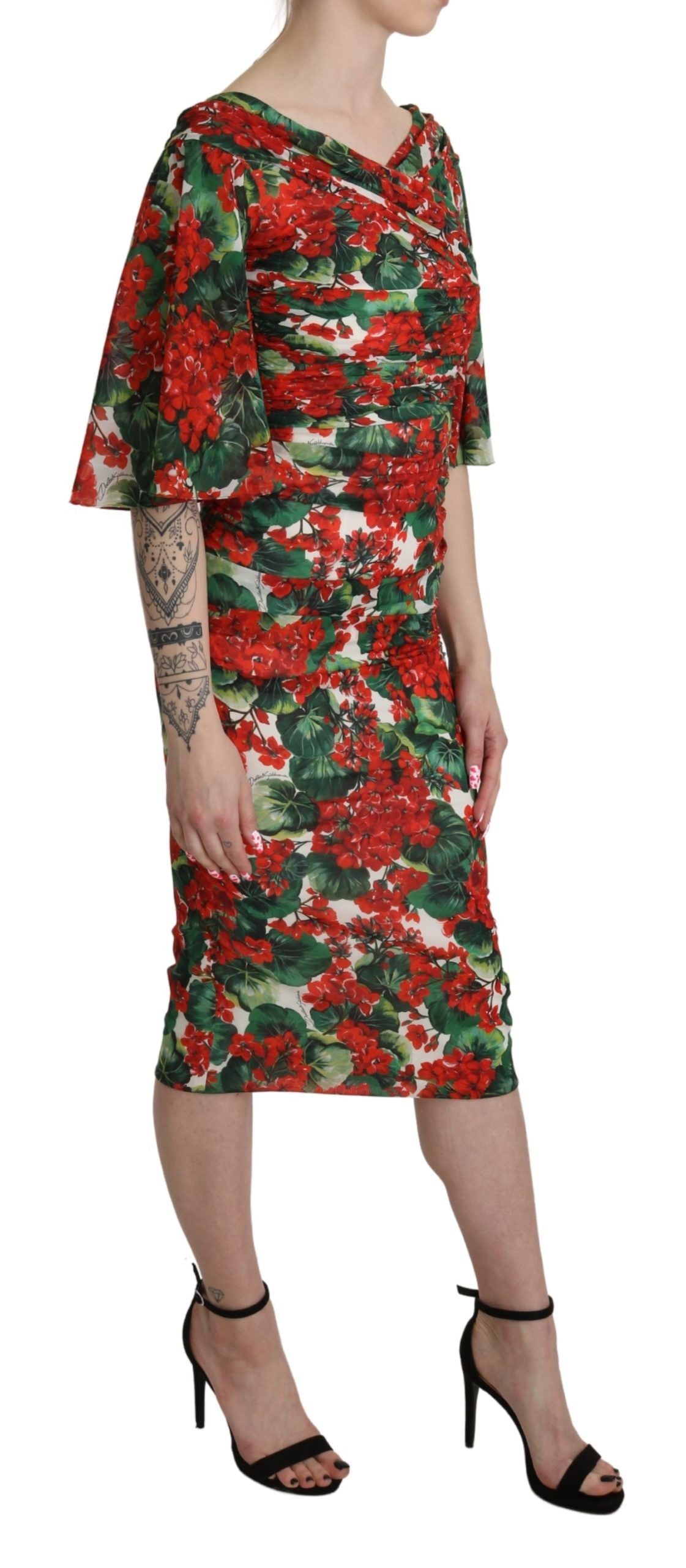 Dolce &amp; Gabbana Red Floral Sheath Midi Silk Stretch Dress