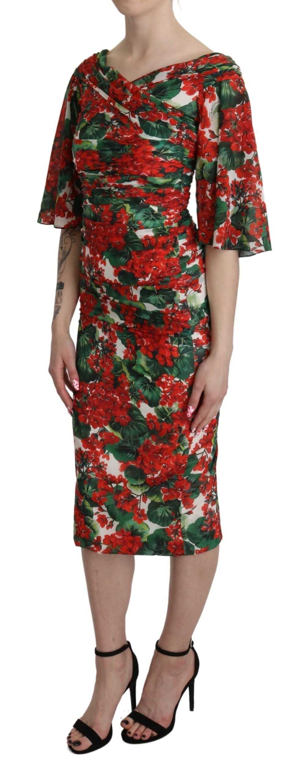 Dolce &amp; Gabbana Red Floral Sheath Midi Silk Stretch Dress