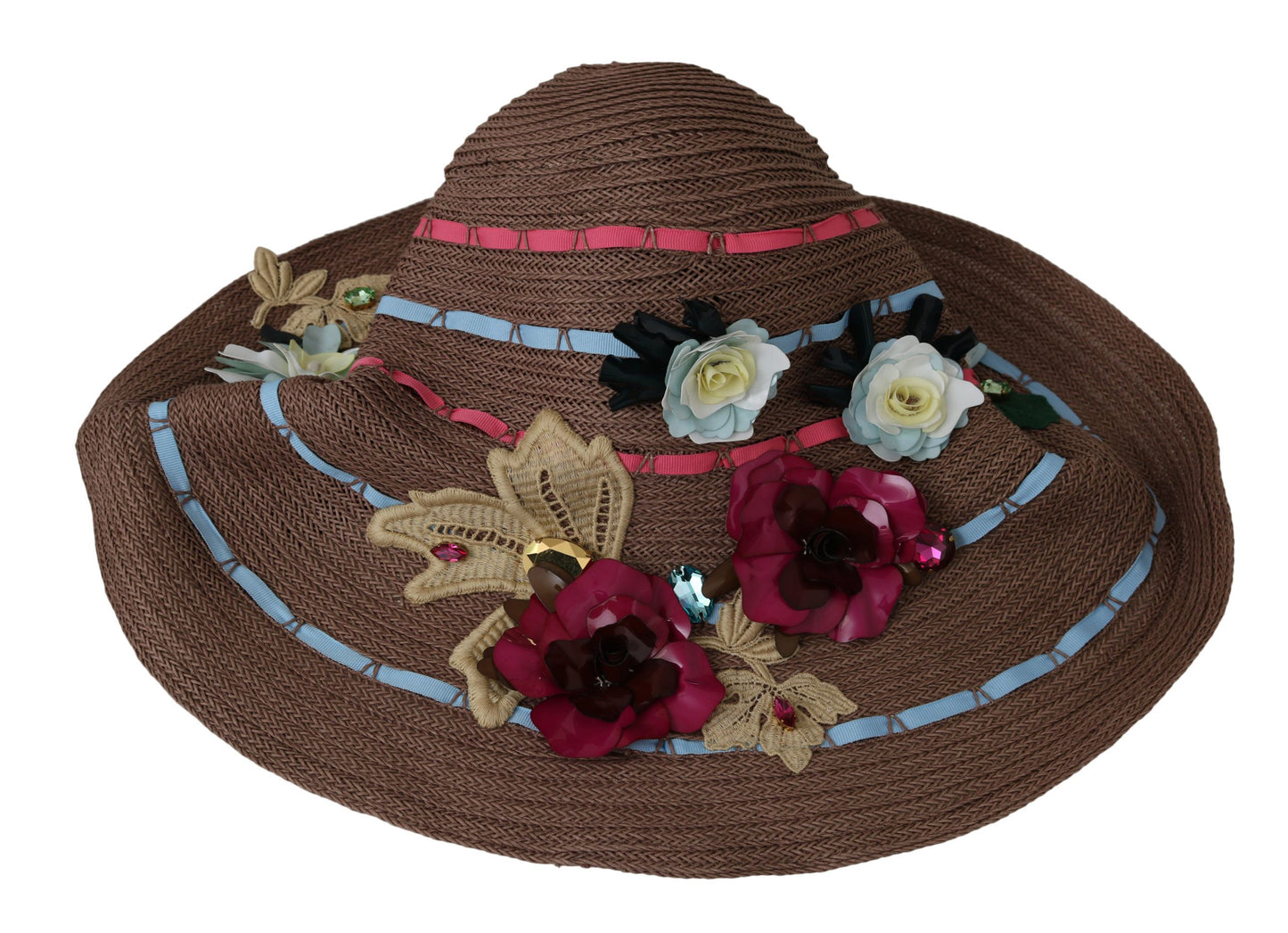 Dolce &amp; Gabbana Brown Floral Wide Brim Straw Floppy Cap Hat