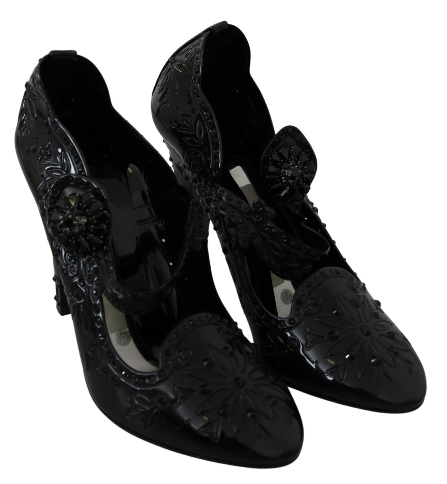 Dolce &amp; Gabbana schwarze CINDERELLA-Absatzschuhe mit Blumenkristall und Kristallen