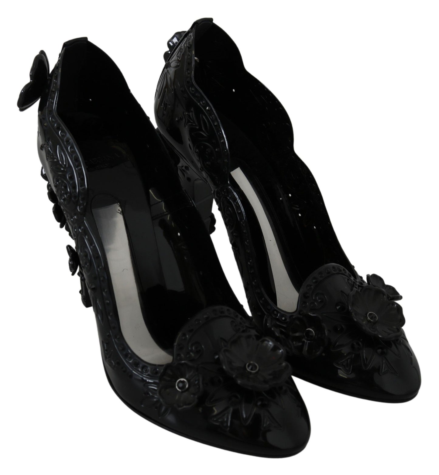 Dolce &amp; Gabbana Black Floral Crystal CINDERELLA Heels Shoes