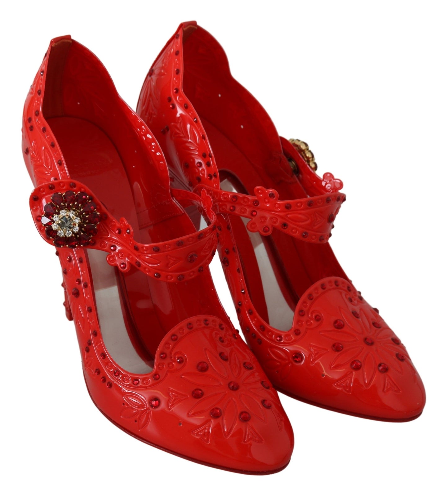 Dolce &amp; Gabbana Red Floral Crystal CINDERELLA Heels Shoes