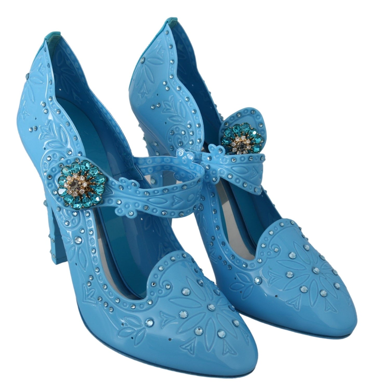 Dolce &amp; Gabbana Blue Floral Crystal CINDERELLA Heels Shoes