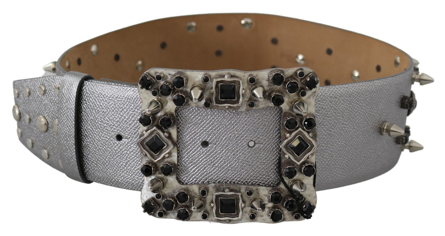 Dolce &amp; Gabbana Silver Leather Crystal Stud Logo Buckle Belt