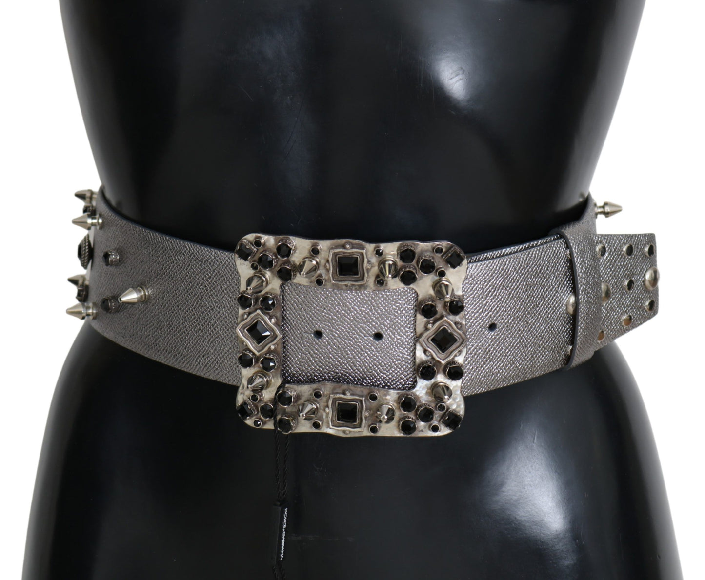 Dolce &amp; Gabbana Silver Leather Crystal Stud Logo Buckle Belt