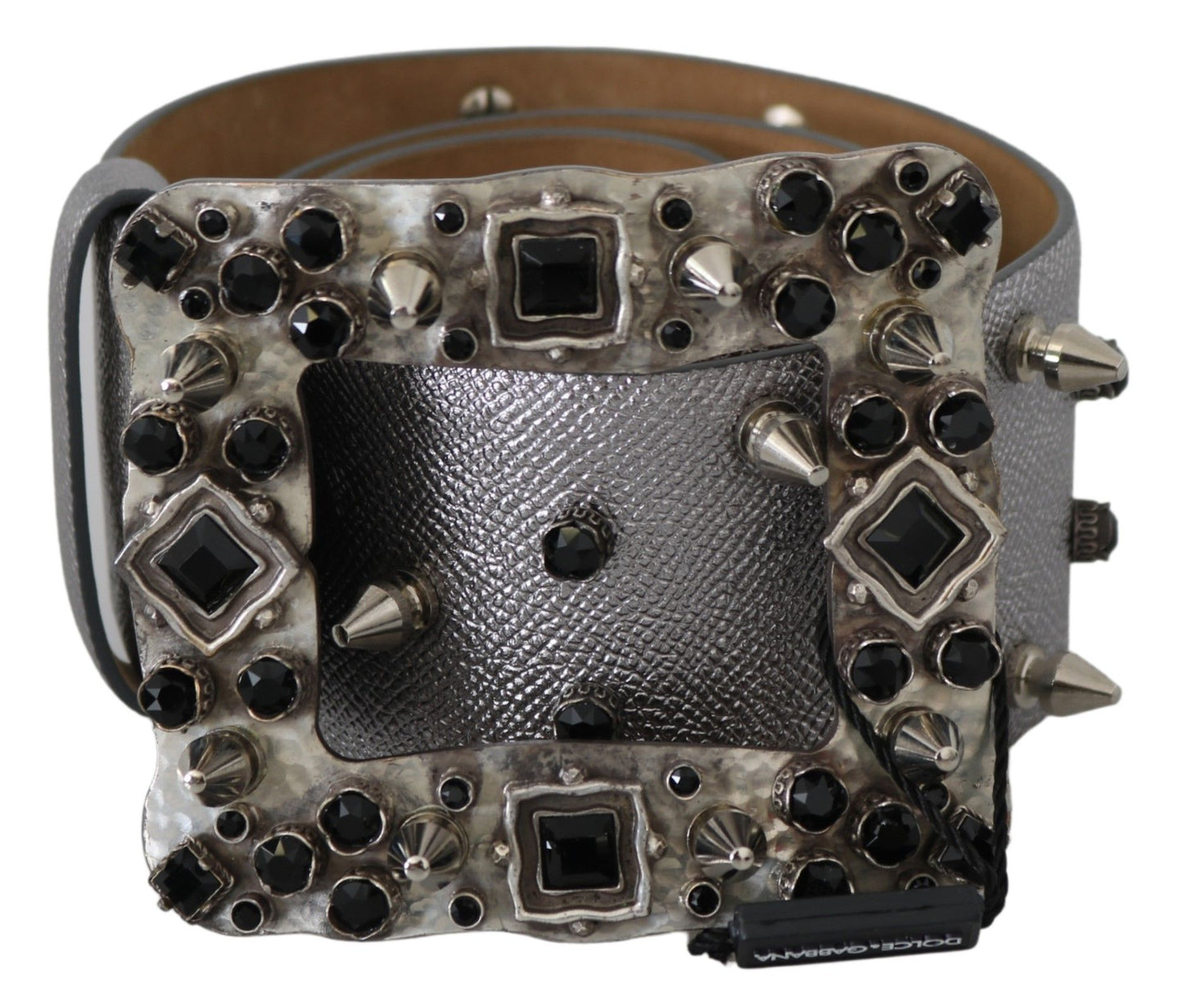 Dolce &amp; Gabbana Silver Leather Crystal Stud Logo Buckle Belt