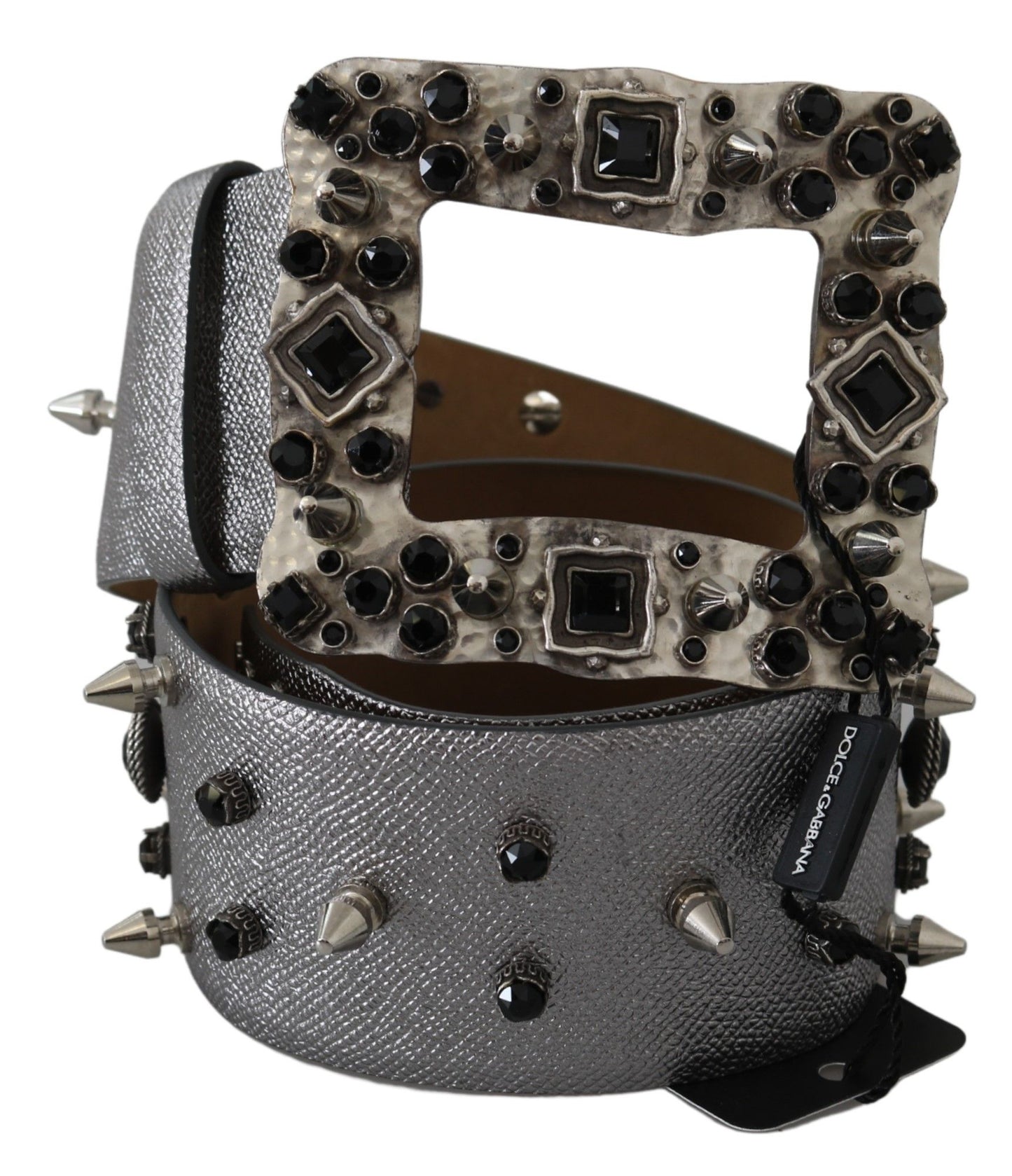 Dolce &amp; Gabbana Silver Leather Crystal Stud Logo Buckle Belt