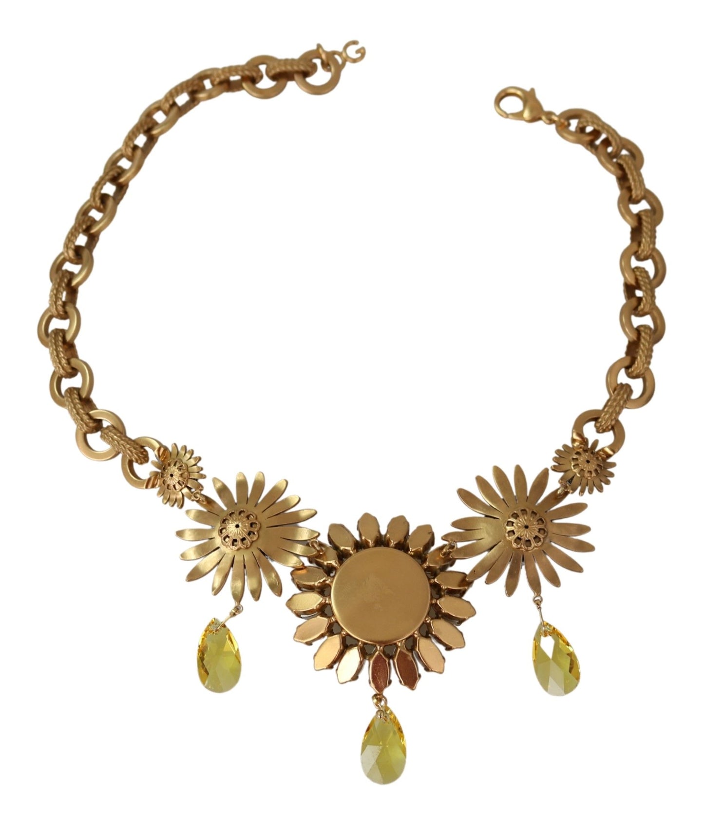 Dolce &amp; Gabbana Gold Brass Chain Crystal Sunlower Pendants Necklace