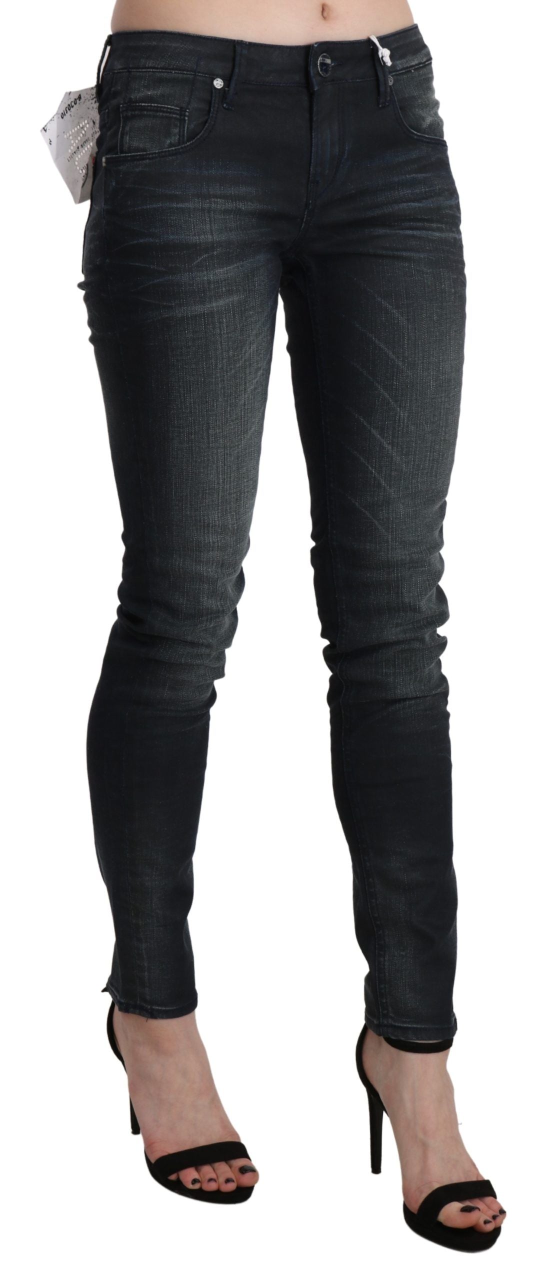 Acht schwarz gewaschene Skinny-Denim-Hose mit niedriger Taille