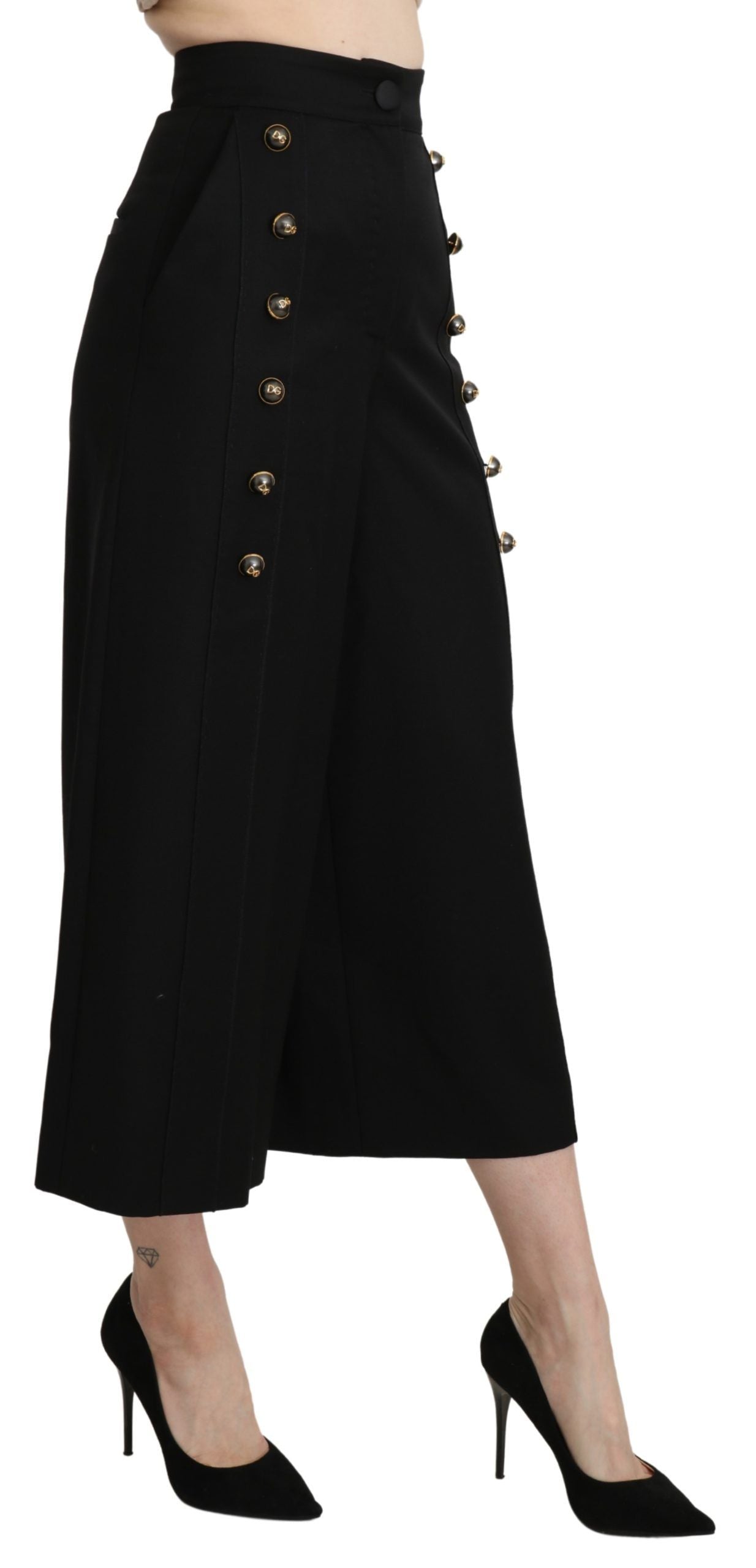 Dolce &amp; Gabbana Black Wide Wool Leg Cropped Trouser Pant