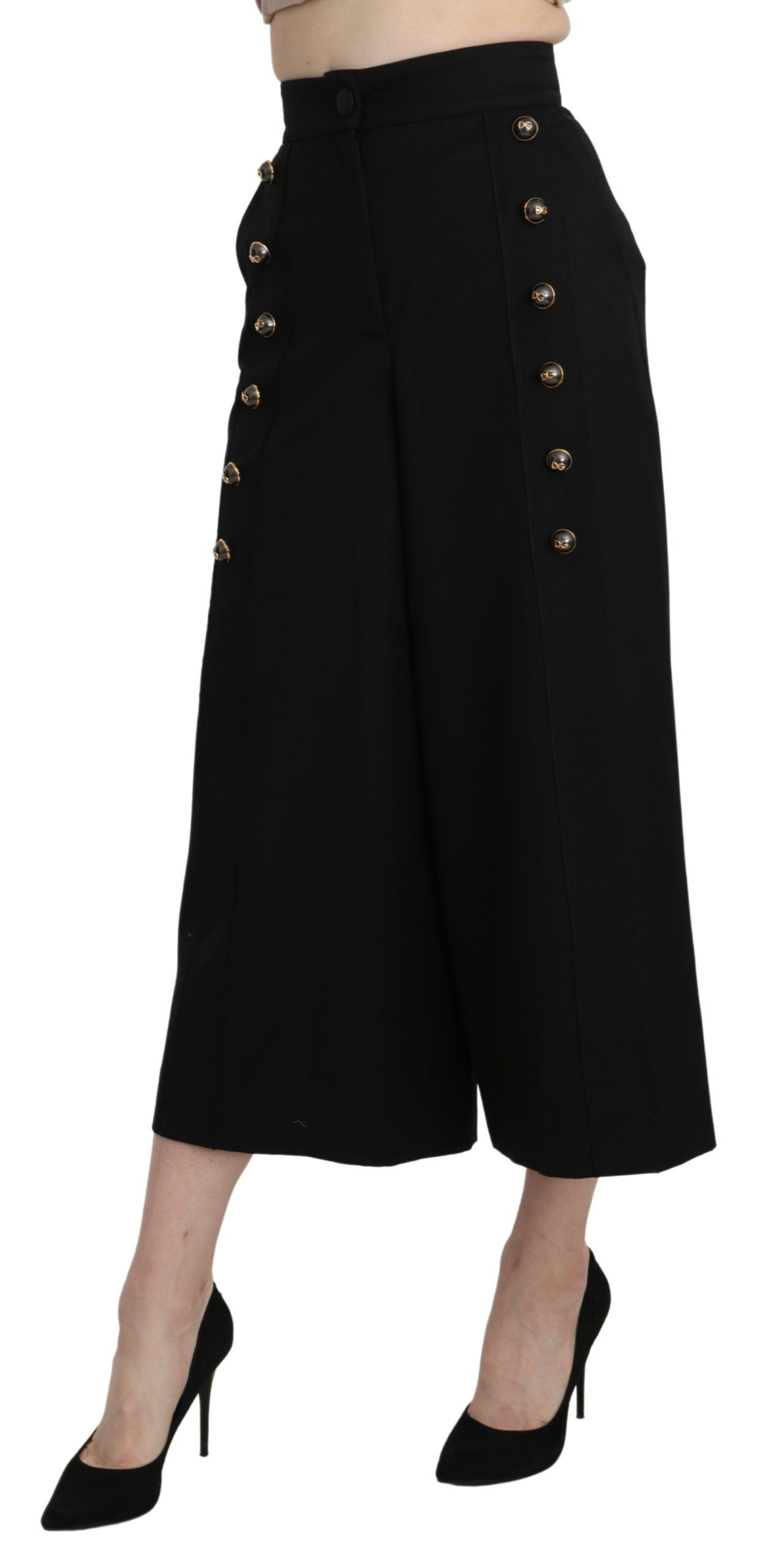 Dolce &amp; Gabbana Black Wide Wool Leg Cropped Trouser Pant