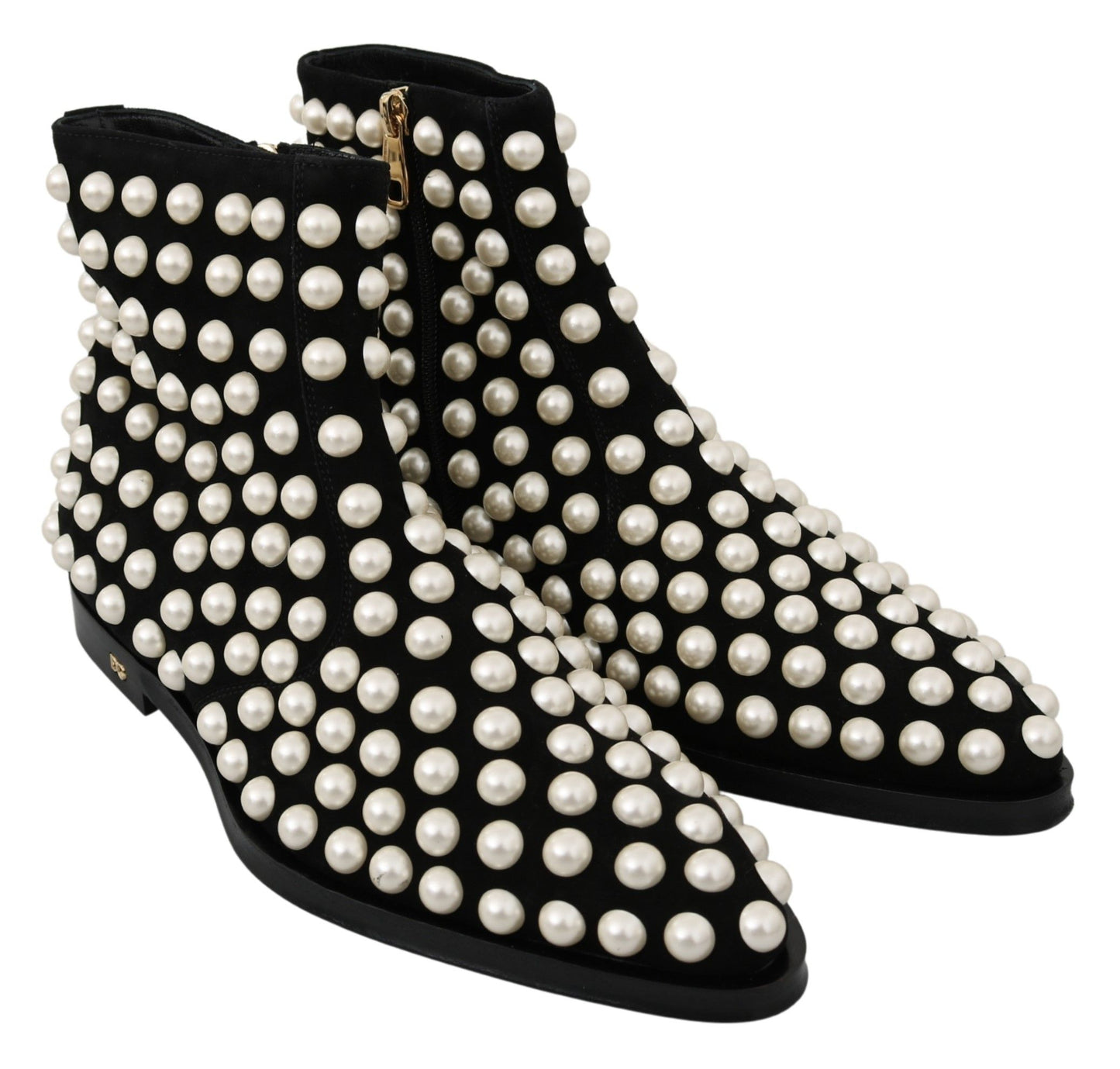 Dolce &amp; Gabbana Black Suede Pearl Studs Boots Shoes