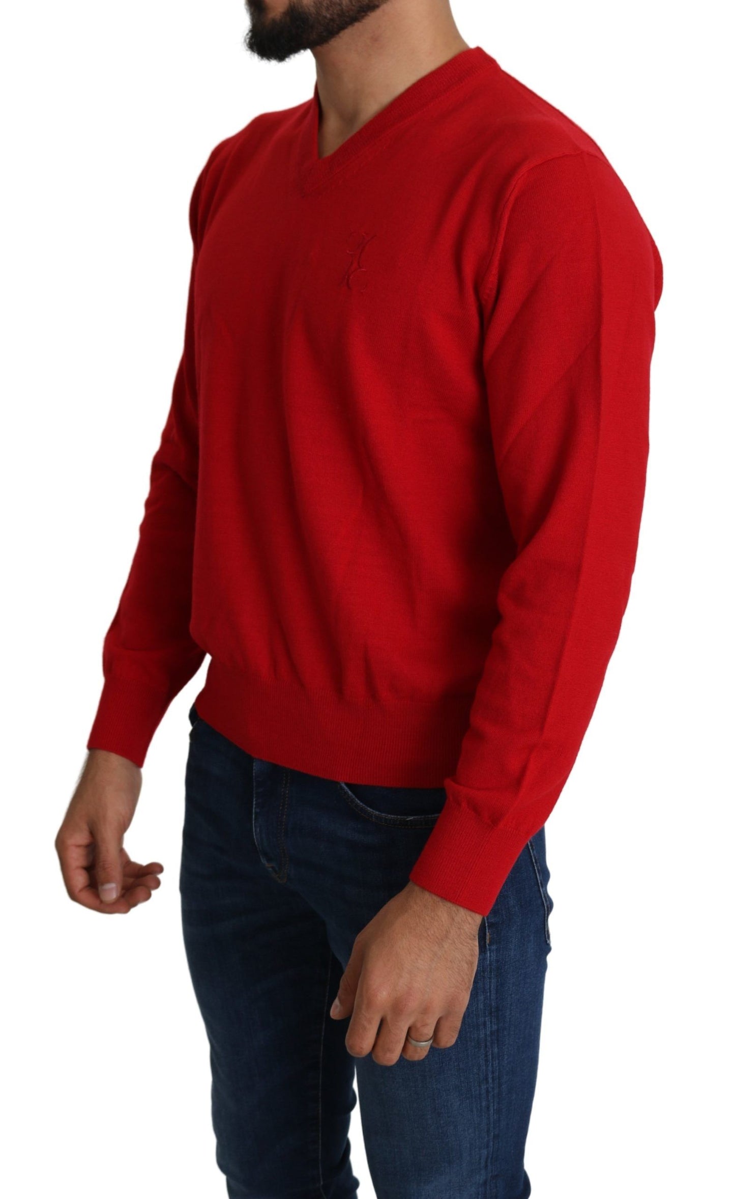 Roter Woll-Sweatshirt-Pullover mit V-Ausschnitt von Billionaire Italian Couture