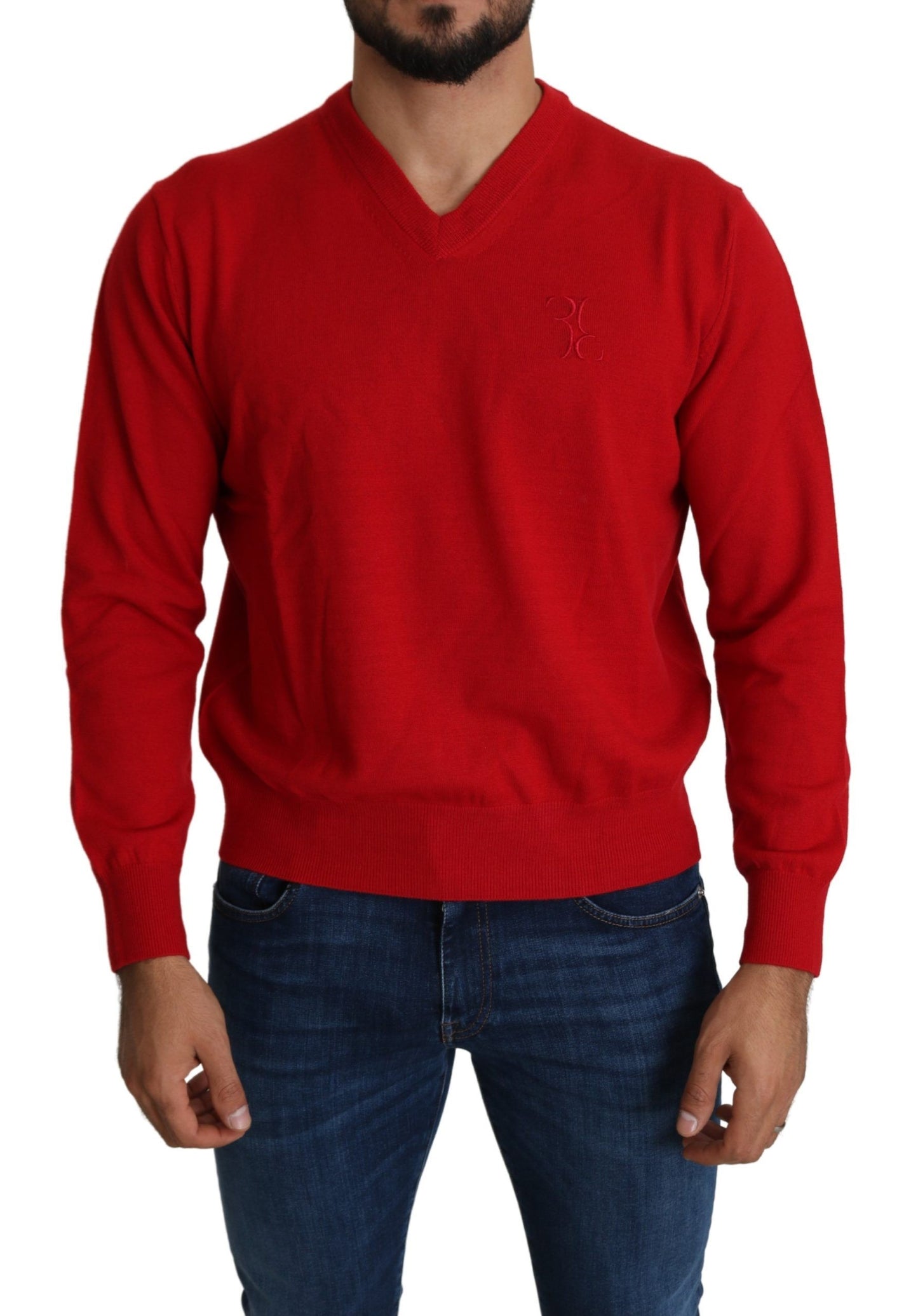 Roter Woll-Sweatshirt-Pullover mit V-Ausschnitt von Billionaire Italian Couture