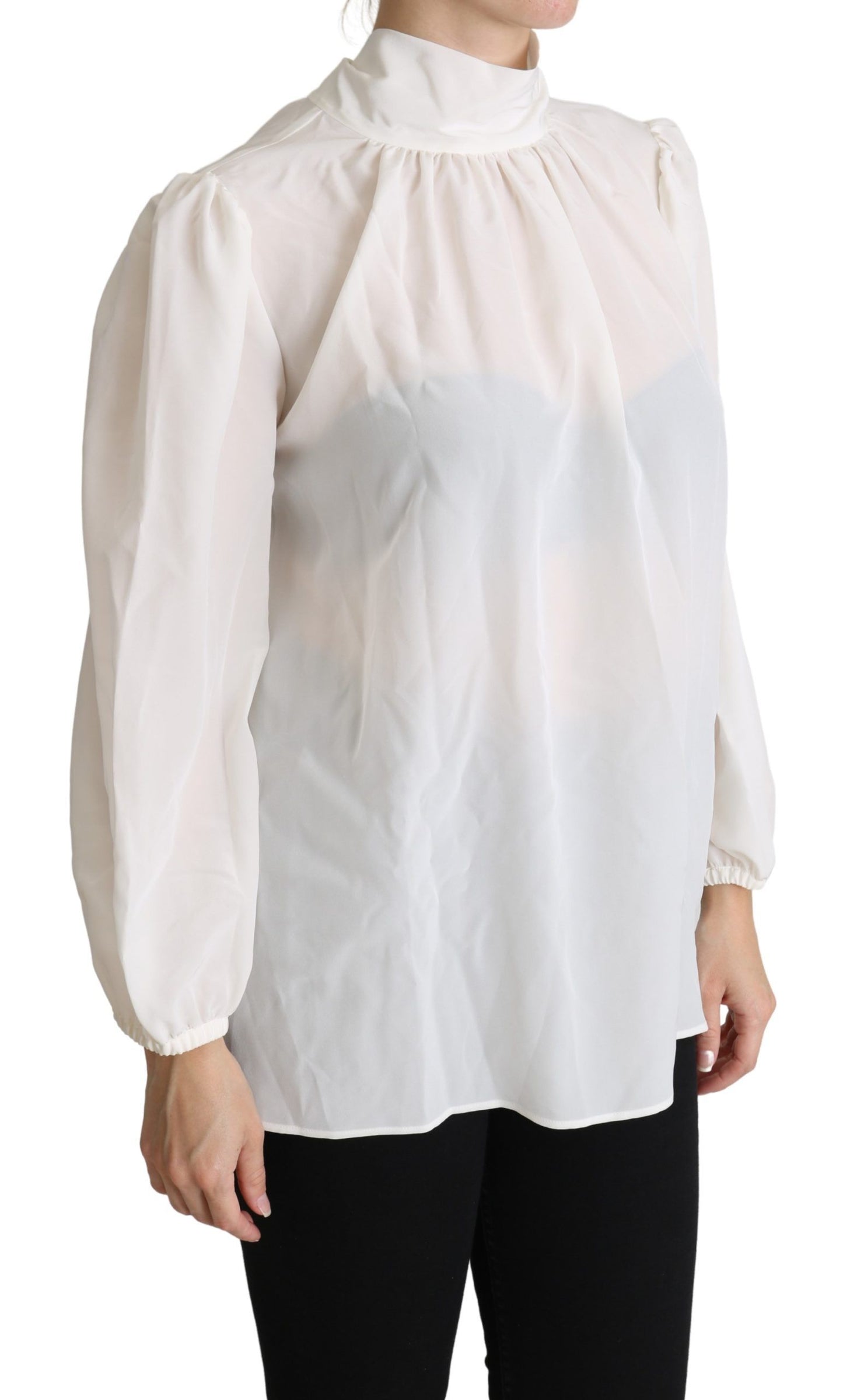 Dolce &amp; Gabbana White Silk Pussy Bow Long Sleeved Top Blouse