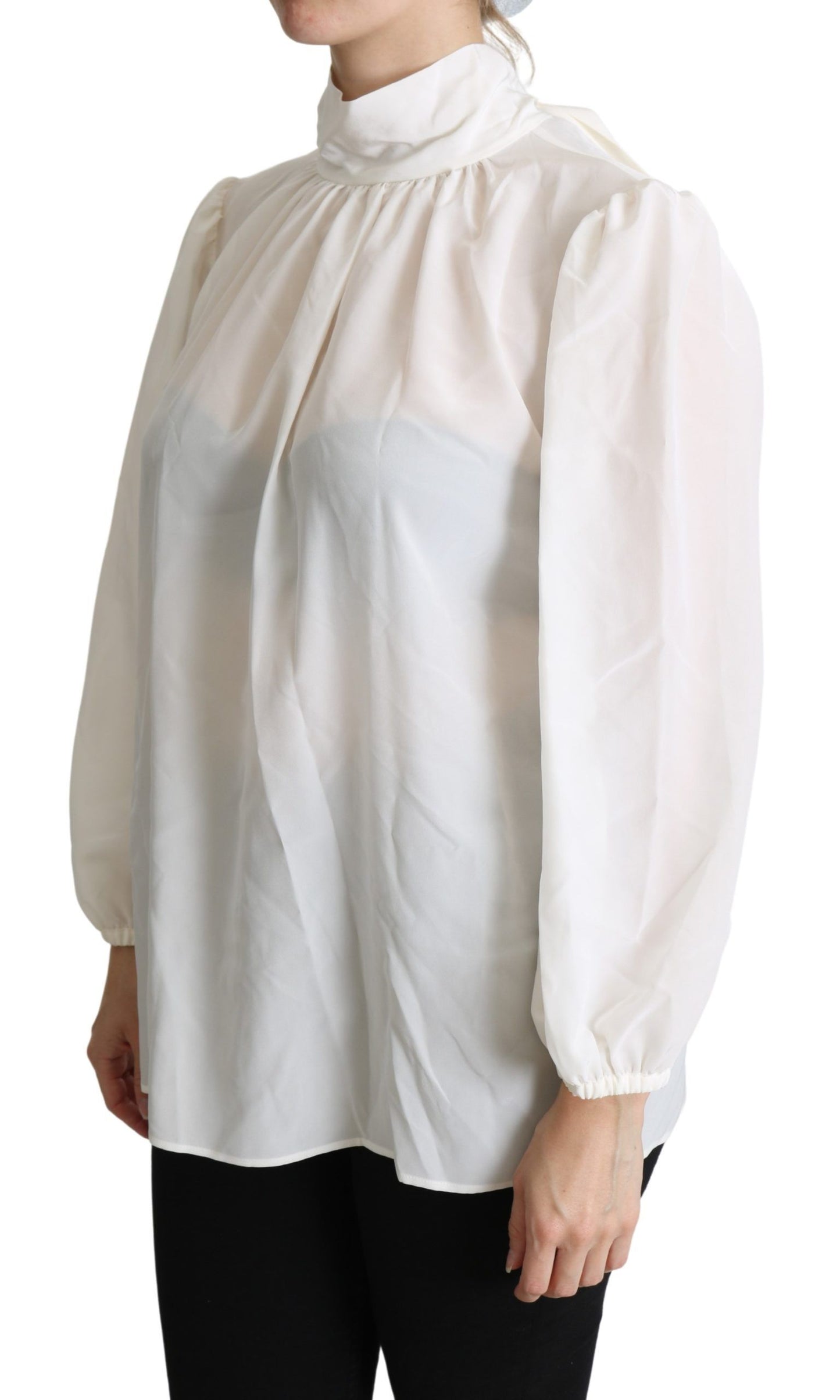 Dolce &amp; Gabbana White Silk Pussy Bow Long Sleeved Top Blouse