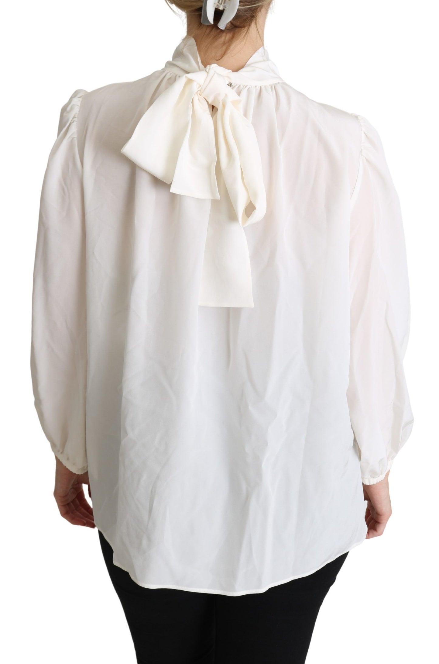 Dolce &amp; Gabbana White Silk Pussy Bow Long Sleeved Top Blouse