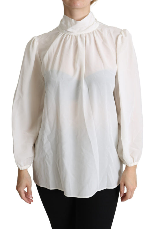 Dolce &amp; Gabbana White Silk Pussy Bow Long Sleeved Top Blouse