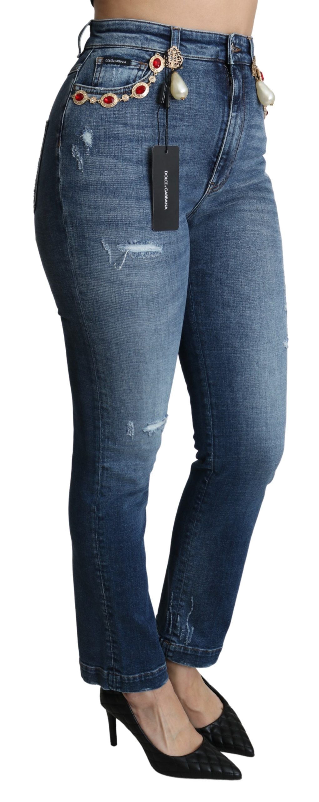 Blaue, mit Kristallen verzierte Slim-Fit-Hosenjeans von Dolce &amp; Gabbana