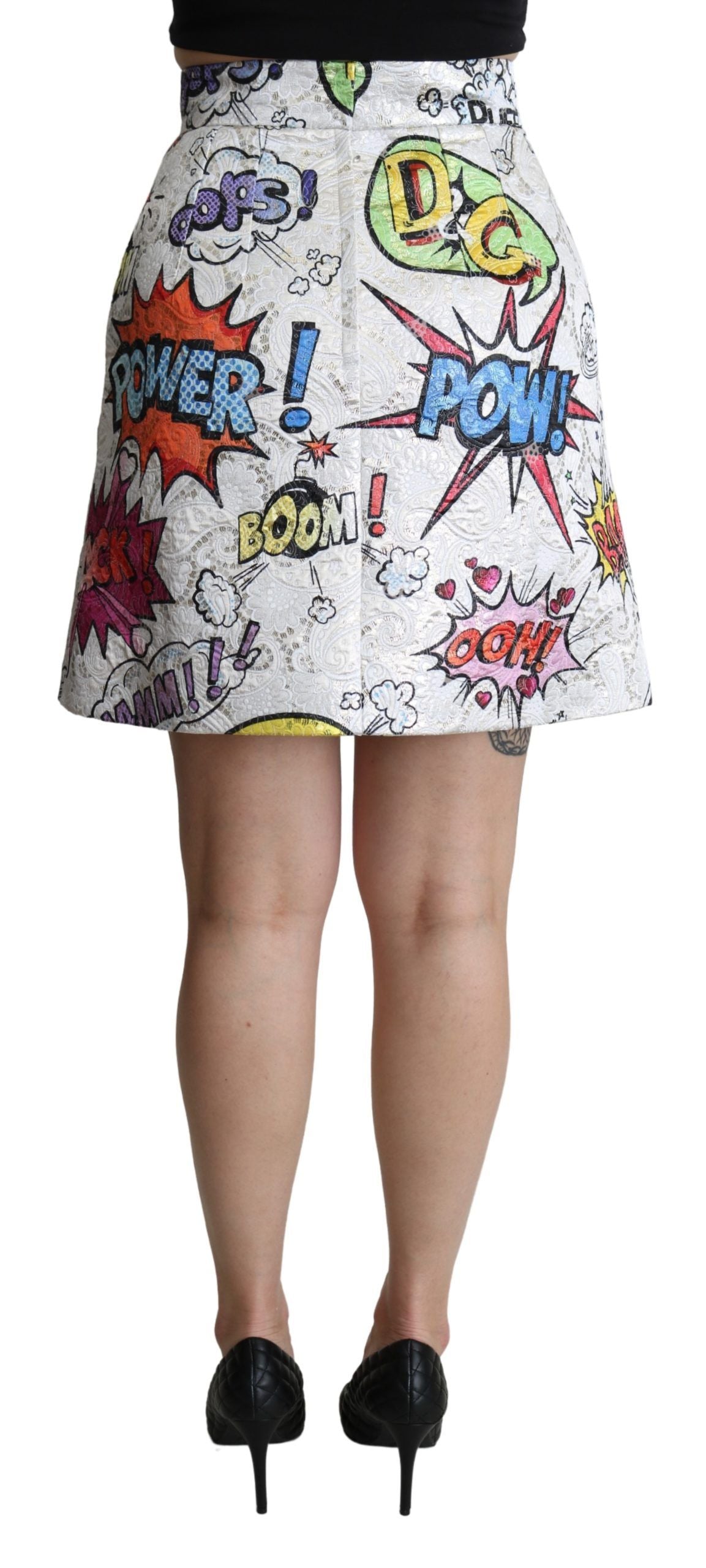 Dolce &amp; Gabbana Weißer Cartoon-Brokat-Rock in A-Linie mit hoher Taille