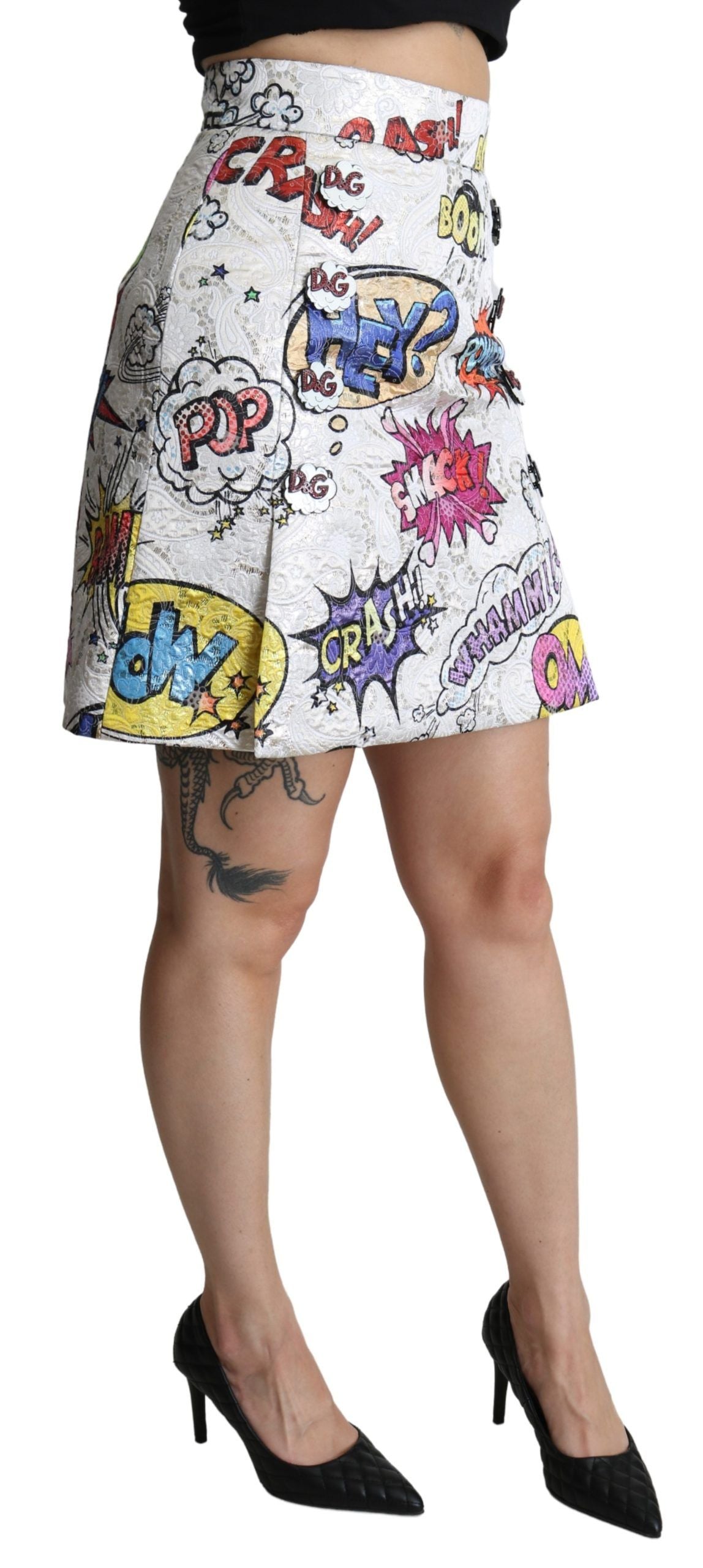 Dolce &amp; Gabbana Weißer Cartoon-Brokat-Rock in A-Linie mit hoher Taille