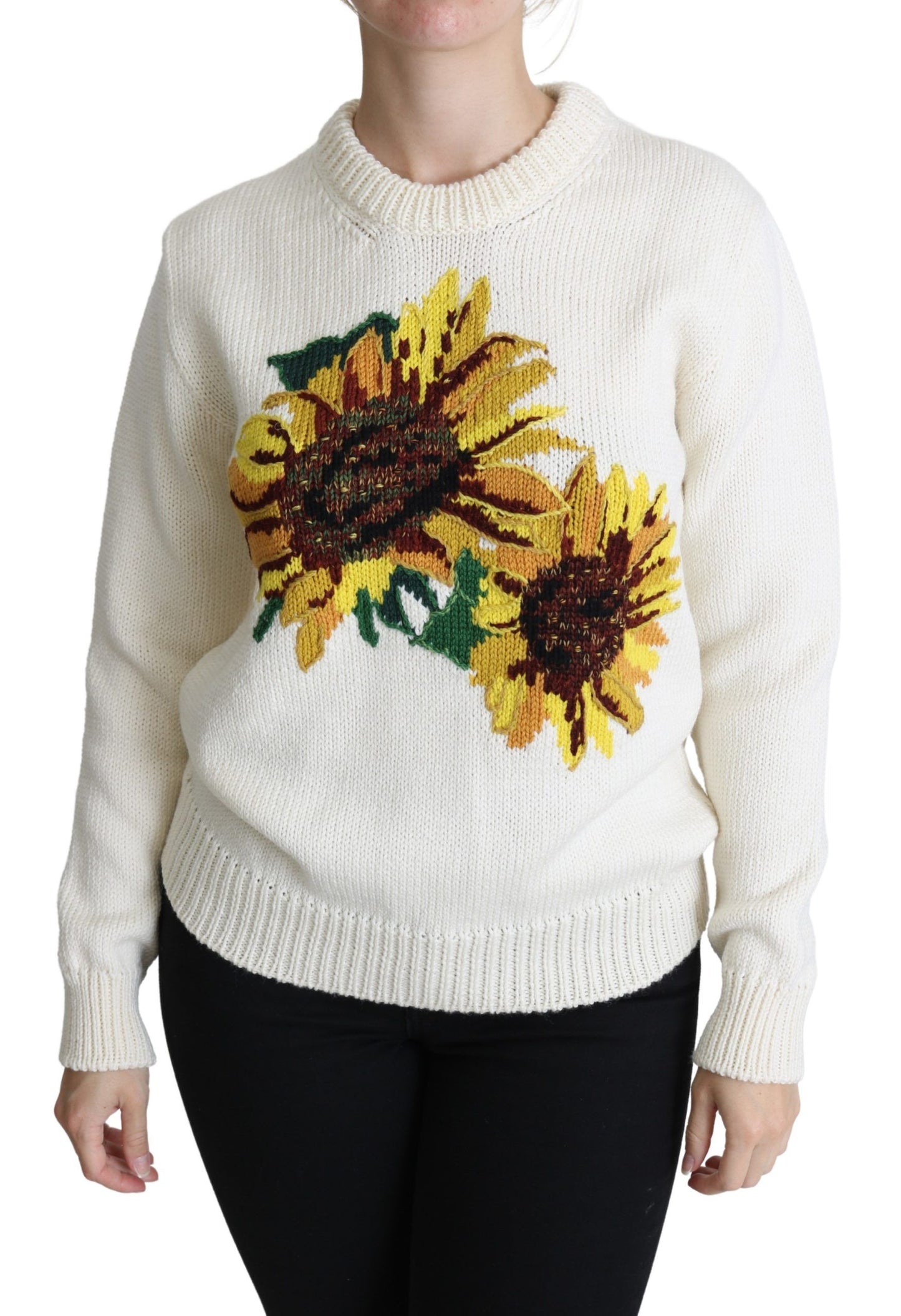 Dolce &amp; Gabbana White Floral Wool Pullover Sunflower Sweater