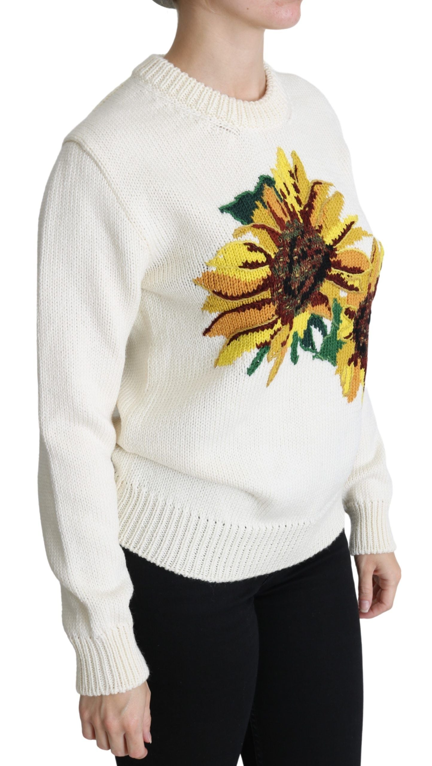 Dolce &amp; Gabbana White Floral Wool Pullover Sunflower Sweater