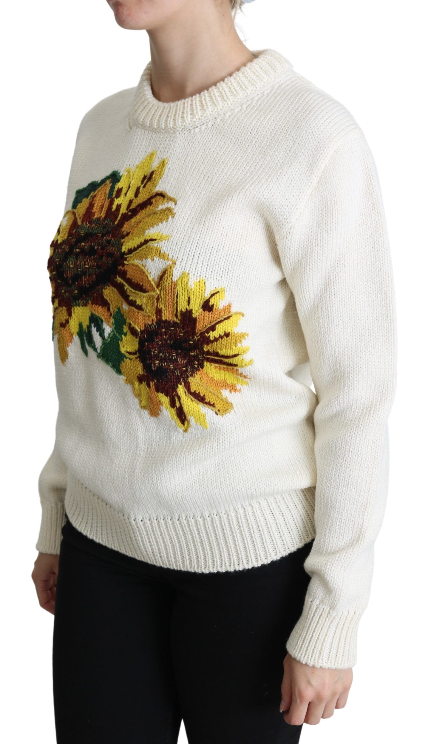 Dolce &amp; Gabbana White Floral Wool Pullover Sunflower Sweater