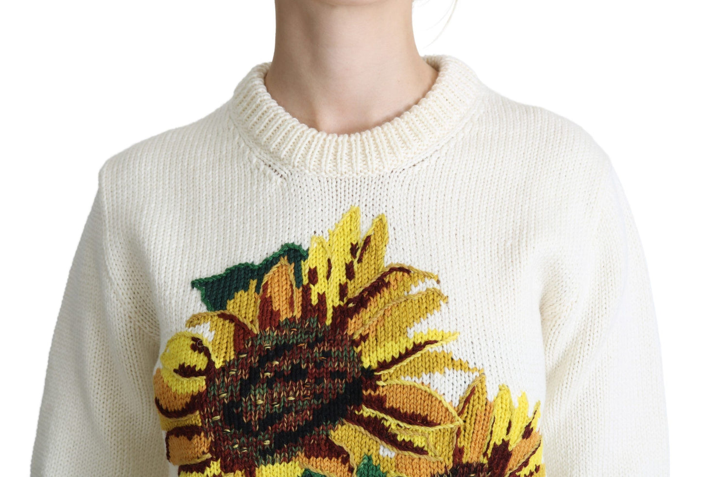 Dolce &amp; Gabbana White Floral Wool Pullover Sunflower Sweater