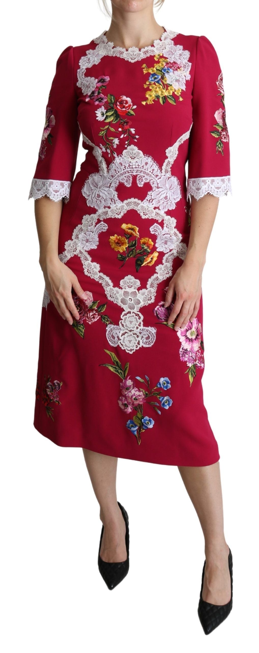 Dolce &amp; Gabbana Red Floral Embroidered Sheath Midi Dress