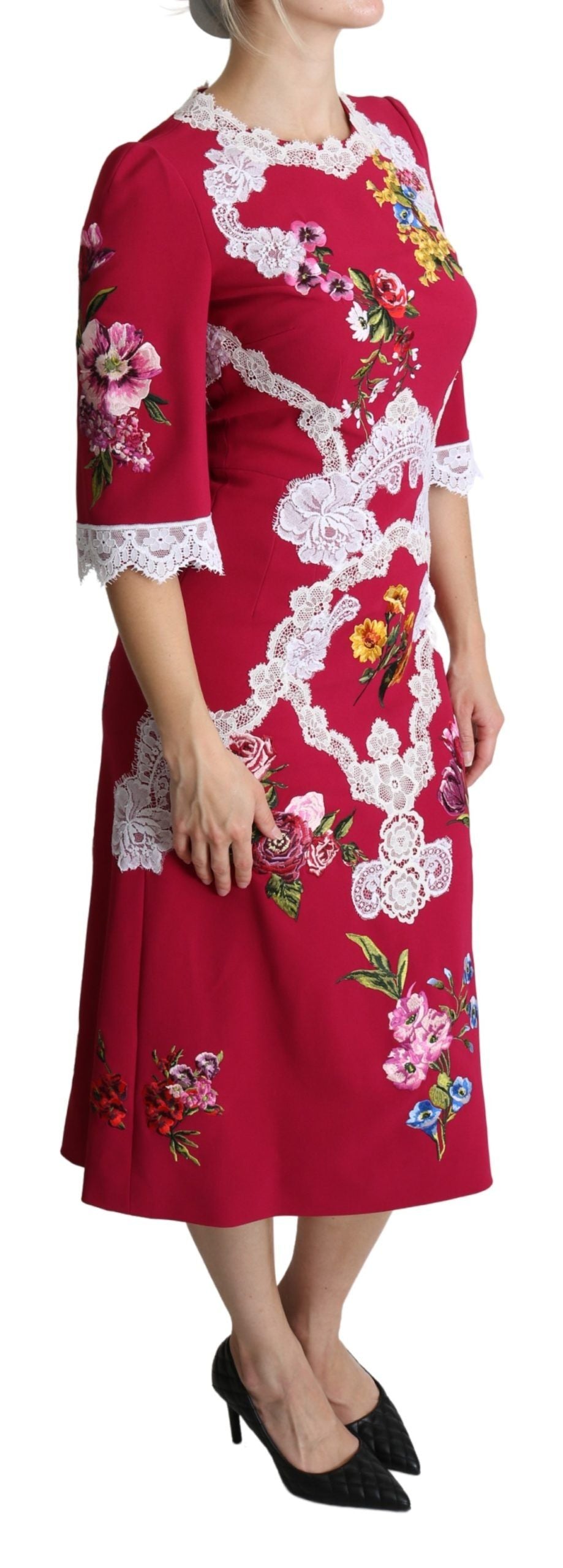 Dolce &amp; Gabbana Red Floral Embroidered Sheath Midi Dress