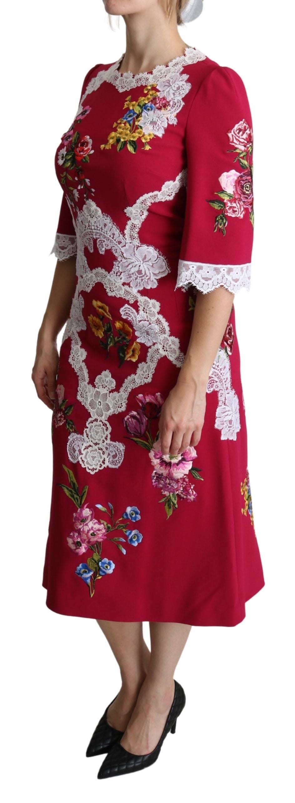 Dolce &amp; Gabbana Red Floral Embroidered Sheath Midi Dress