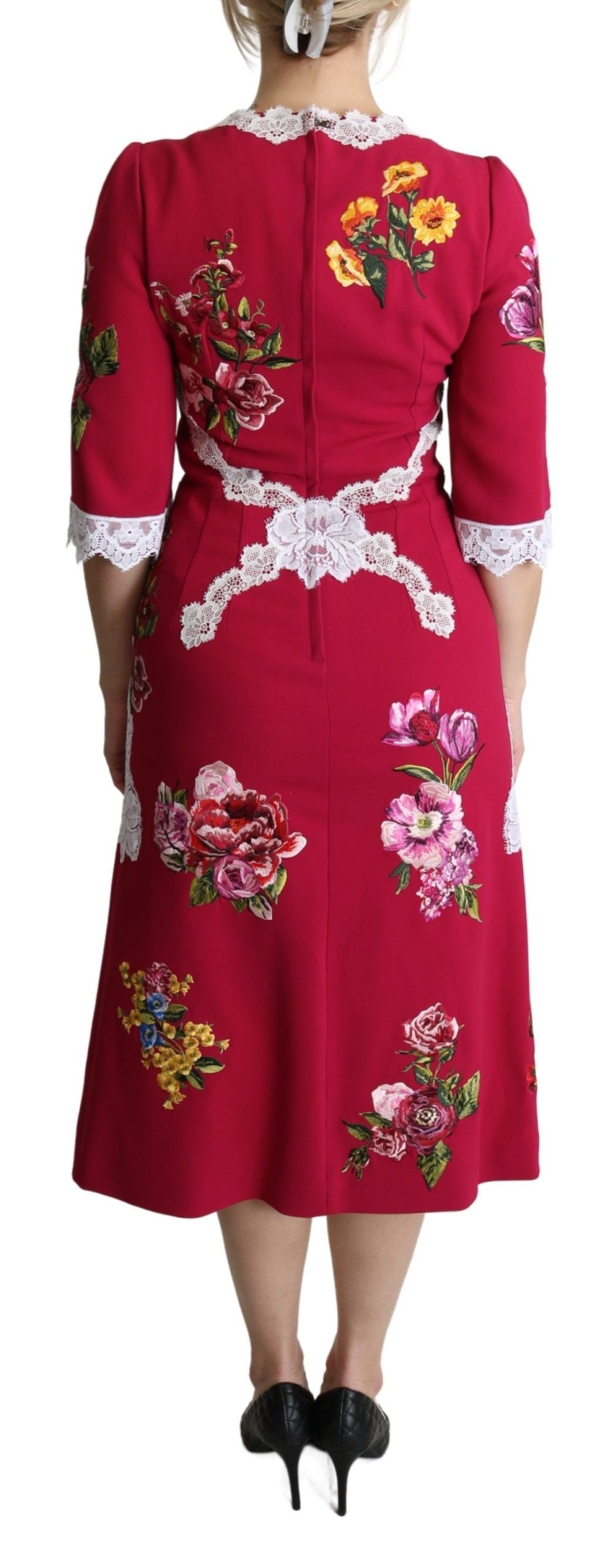 Dolce &amp; Gabbana Red Floral Embroidered Sheath Midi Dress