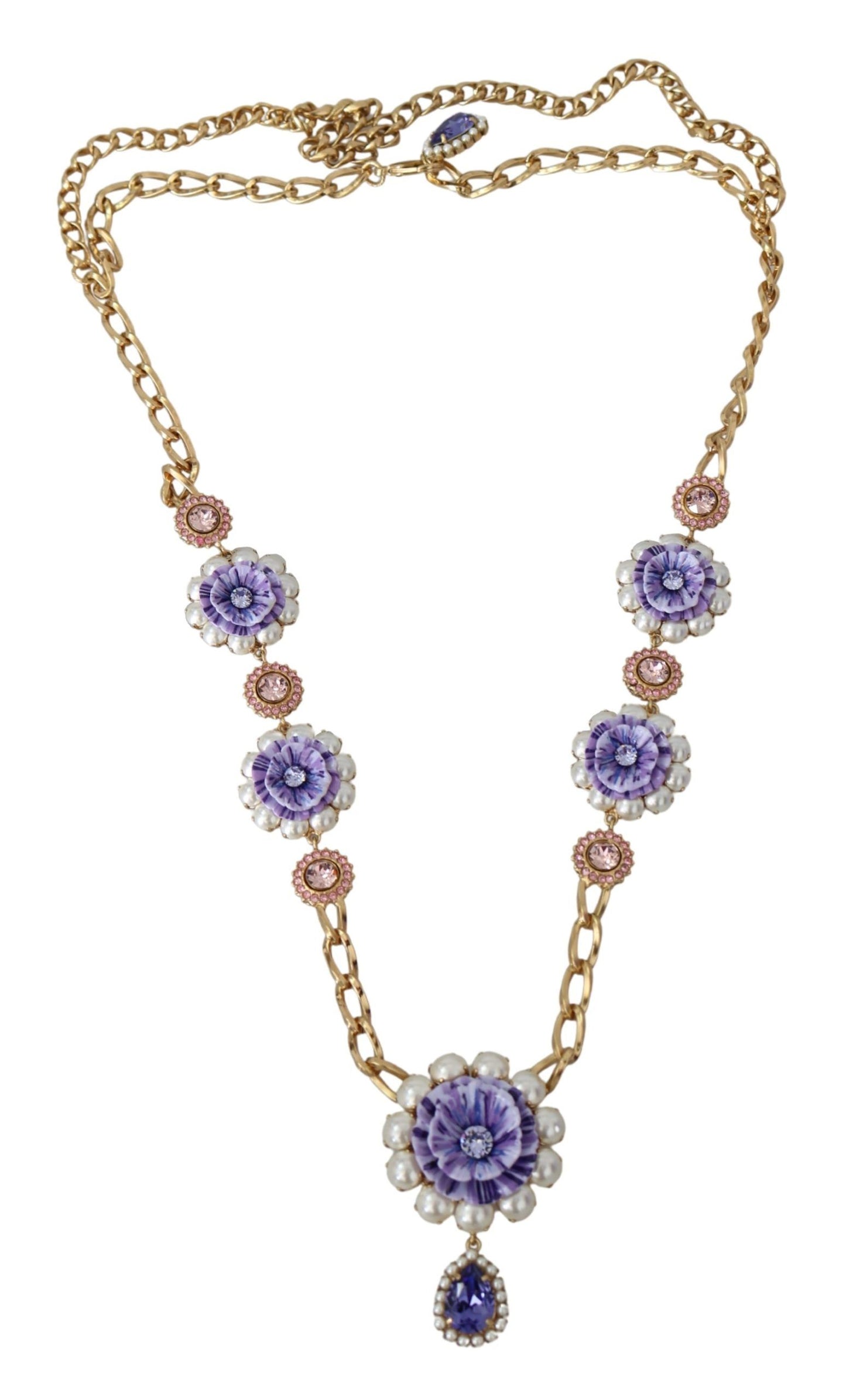 Dolce &amp; Gabbana Gold Tone Floral Crystals Purple Embellished Necklace