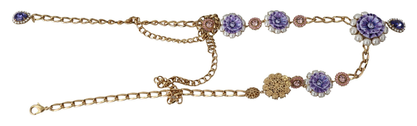 Dolce &amp; Gabbana Gold Tone Floral Crystals Purple Embellished Necklace