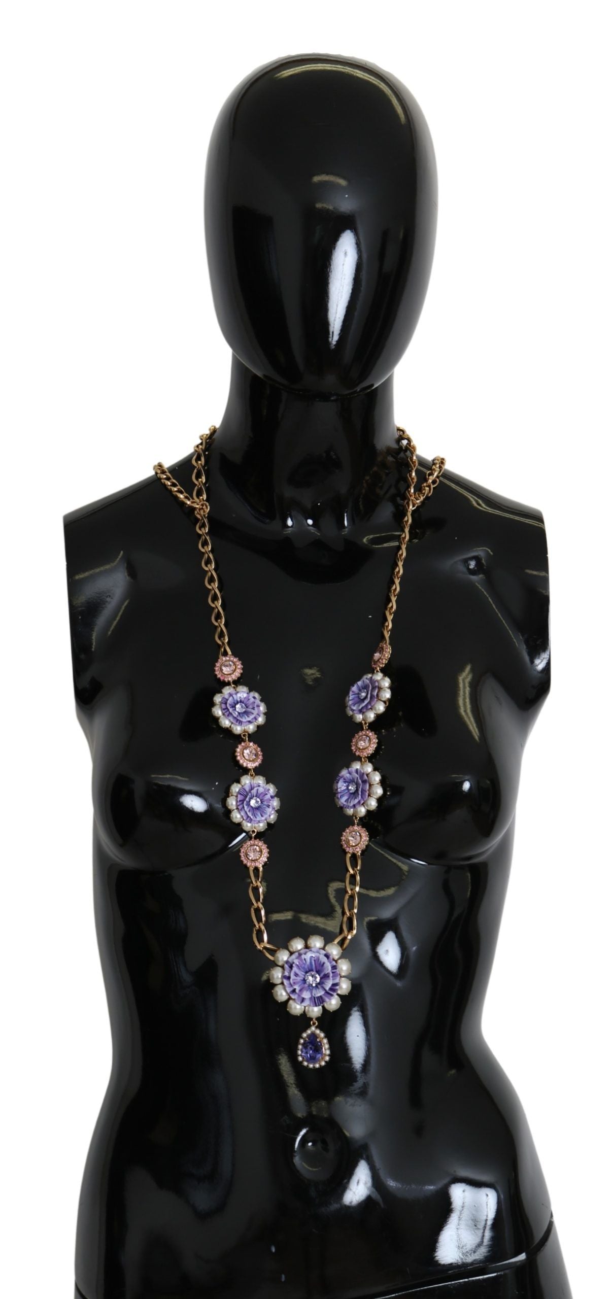 Dolce &amp; Gabbana Gold Tone Floral Crystals Purple Embellished Necklace