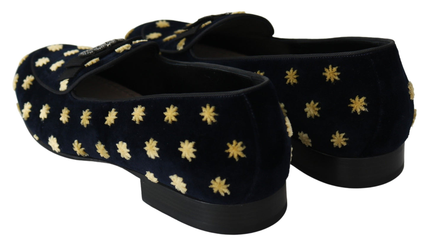 Dolce &amp; Gabbana Blue Velvet Crown Slippers Loafers Shoes